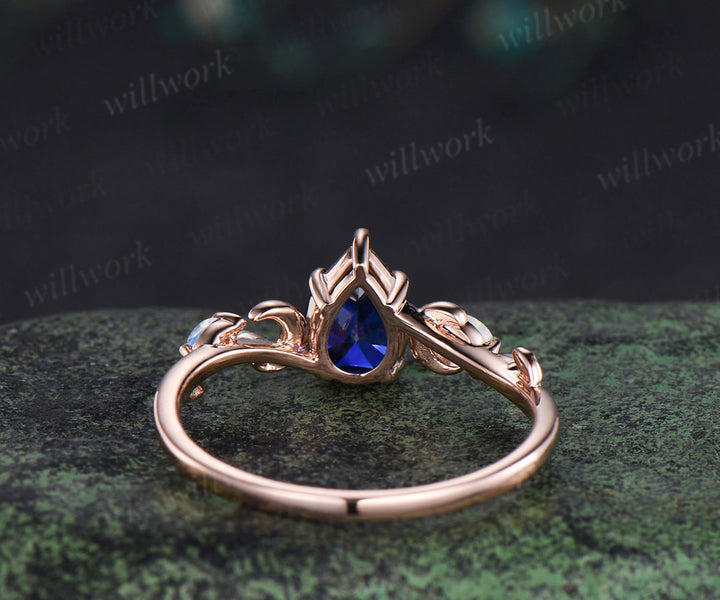 6x9mm pear cut blue sapphire engagement ring unique art deco moon leaf marquise opal moonstone promise ring jewelry gifts for women