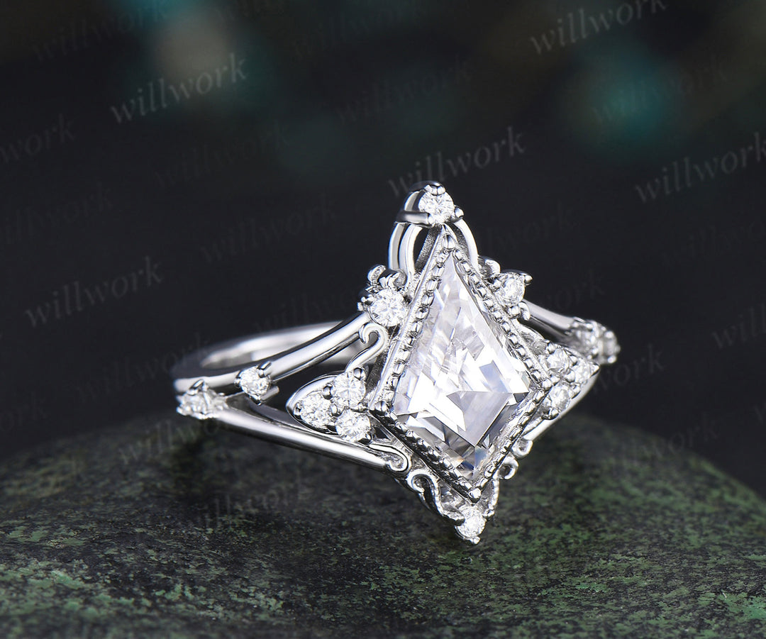 Kite cut moissanite engagement ring retro milgrain moissanite cluster ring unique spilt shank wedding ring