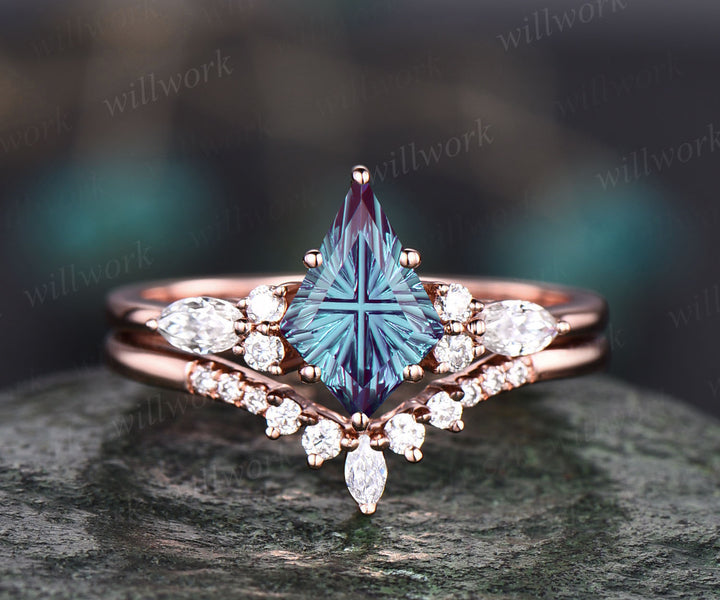 Kite Fantasy Cut Alexandrite Engagement Ring Set Moissanite Accent Seven Stone Promise Ring Curved Crown Wedding Band Unique Bridal Set