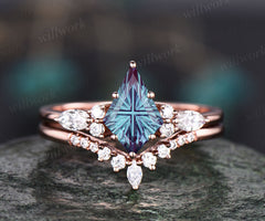 Kite Fantasy Cut Alexandrite Engagement Ring Set Moissanite Accent Seven Stone Promise Ring Curved Crown Wedding Band Unique Bridal Set