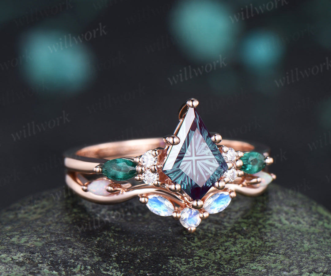 Kite Fantasy Cut Alexandrite Engagement Ring Marquise Emerald Ring  Moonstone Opal Band Unique Seven Stone Bridal Set