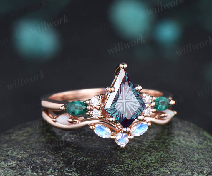 Kite Fantasy Cut Alexandrite Engagement Ring Marquise Emerald Ring  Moonstone Opal Band Unique Seven Stone Bridal Set