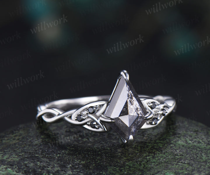 Kite cut salt and pepper diamond engagement ring celtic knot black diamonds twisted wedding ring unique promise ring
