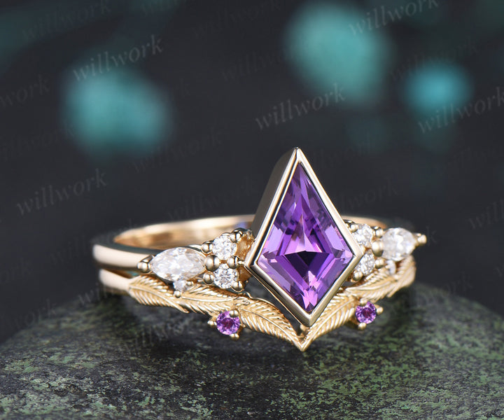 Kite cut amethyst engagement ring bezel setting seven stone ring leaf amethyst matching band bridal set