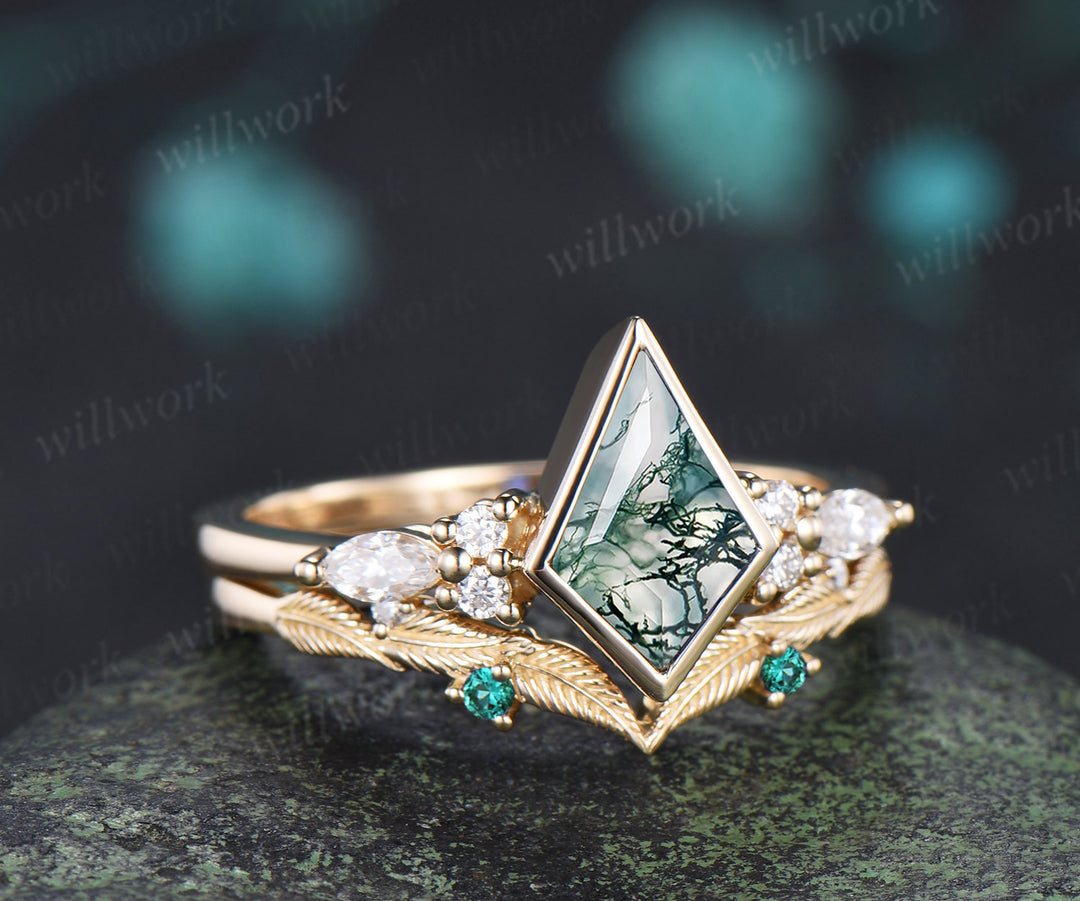 Kite cut moss agate engagement ring bezel setting seven stone ring leaf moissanite cluser matching band bridal set