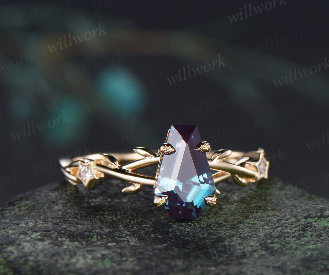 Coffin cut alexandrite engagement ring leaf infinity star accent diamond ring vine branch anniversary ring