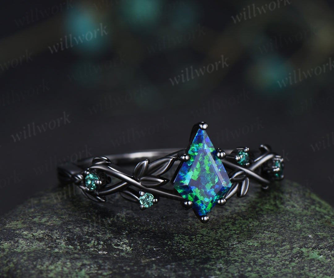 Kite Cut Black Opal Twig Leaf Ring & Tungsten Black Opal Inlay Hammered Mens Ring His & Her Couple Rings