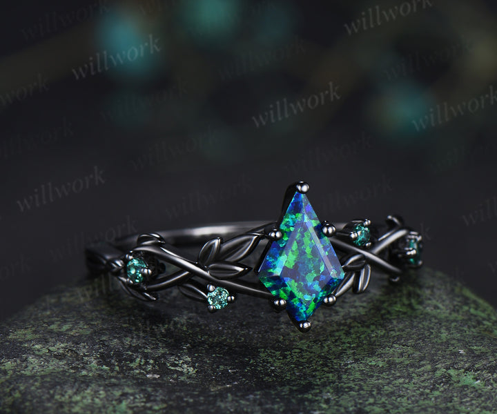 Kite Cut Black Opal Twig Leaf Ring & Tungsten Black Opal Inlay Hammered Mens Ring His & Her Couple Rings