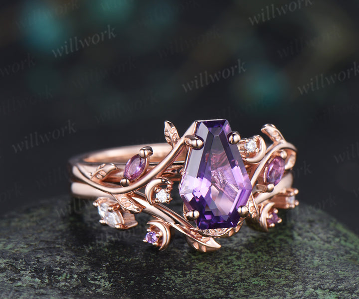 Coffin purple amethyst ring set marquise amethyst moissanite moon ring leaf band nature inspired bridal set
