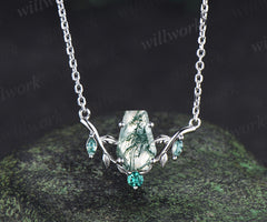 Unique coffin shaped natural moss agate necklace leaf twig nature inspired marquise moss agate emerald pendant necklace gifts
