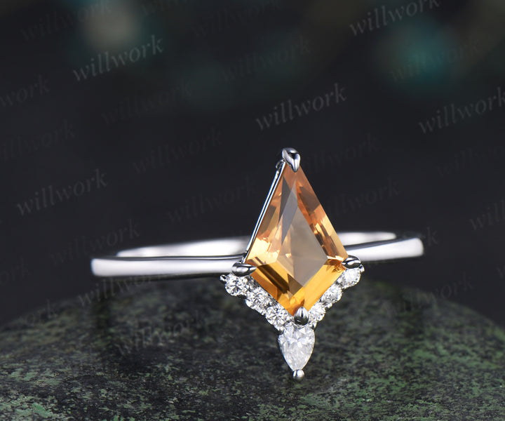 Vintage kite cut citrin engagement ring 4 prongs critinue pear moissanite ring unique brial ring November birthstone jewelry