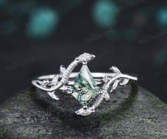 Kite Cut Moss Agate Snake Ring Marquise Diamond Leaf Vine Nature Inspired Ring