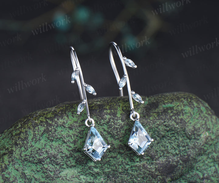 Kite cut natural aquamarine drop earrings leaf marquise aquarmaine dangle earrings for women