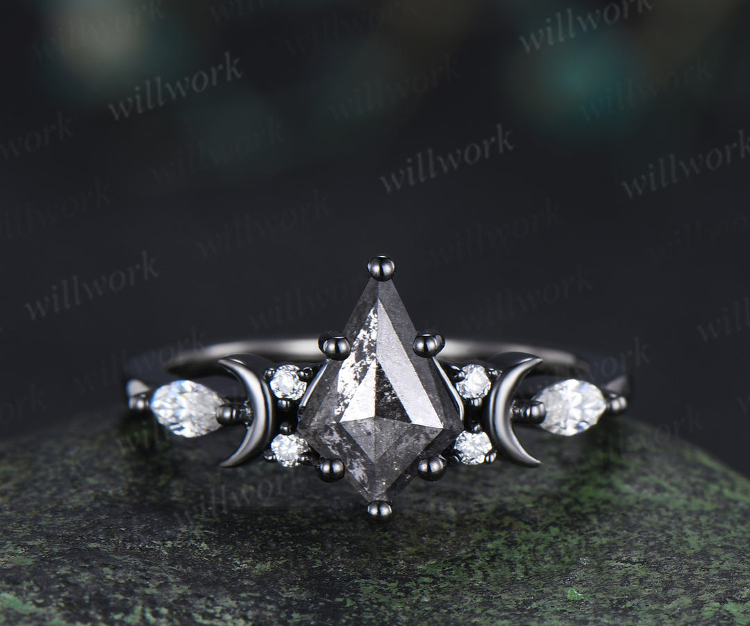 Kite cut salt and pepper diamond engagement ring set moon moissanite ring star curved wedding band anniversary gifts