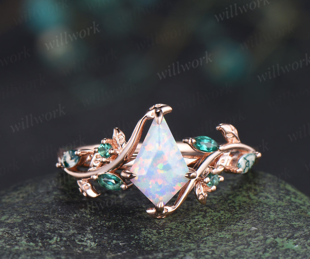 Vintage kite cut opal engagement ring set leaf twig emerald moss agate ring matching wedding band unique bridal set