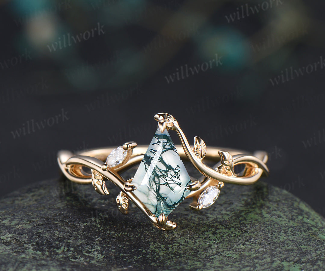 Kite cut natural moss agate infinity engagement ring set split shank moissanite leaf ring celtic knot wedding band bridal set