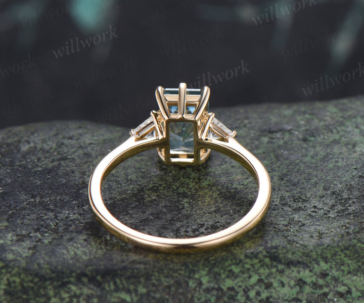 Emerald Cut Aquamarine Engagement Ring Minimalist 6 Prong Three Stone Trilliant Cut Moissanite Ring March Birthstone Jewelry Gifts