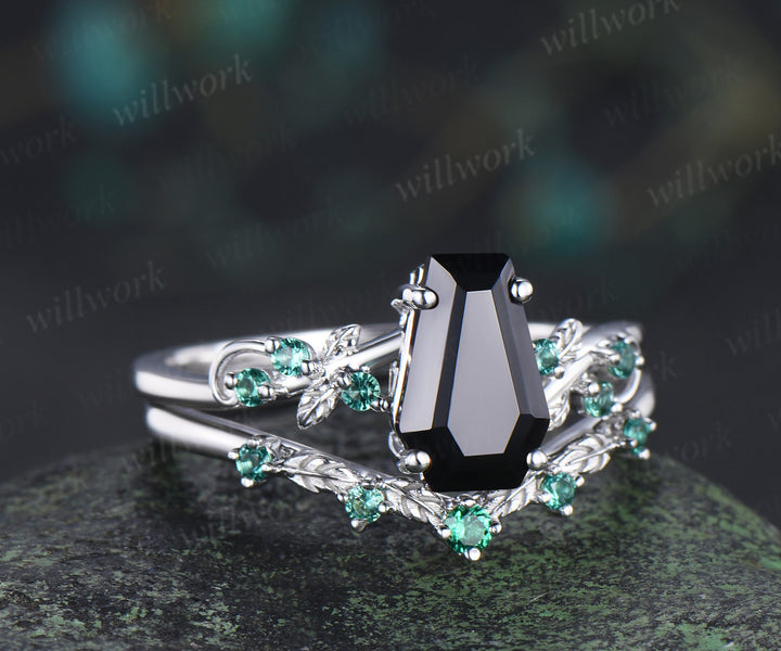 Coffin cut natural black onyx engagement ring set leaf inspired emeralds accent ring wedding band unique bridal set