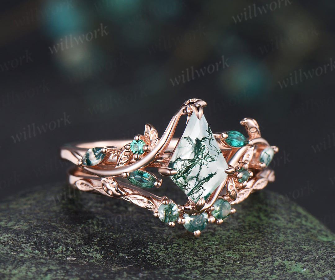 Vintage kite cut moss agate engagement ring set leaf marquise emerald moss agate ring wedding band nature inspired bridal set