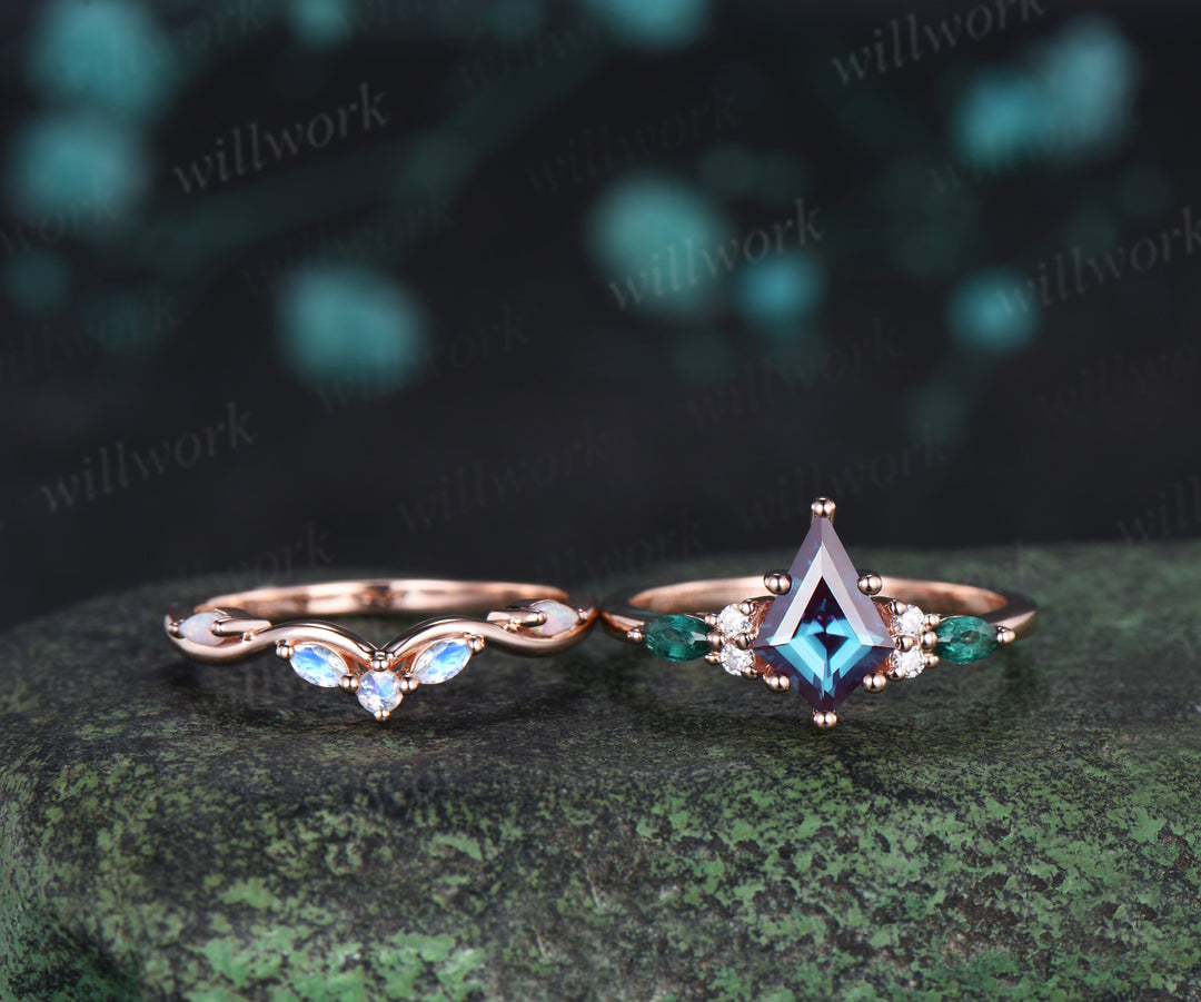 Kite cut Alexandrite engagement ring marquise cut emerald ring moostone opal wave wedding band unique wedding ring set