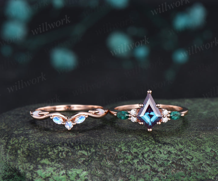 Kite cut Alexandrite engagement ring marquise cut emerald ring moostone opal wave wedding band unique wedding ring set