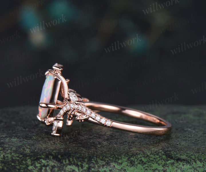 Kite cut opal ring vintage rose gold half eternity diamond branch leaf unique engagement ring for women retro anniversary gift