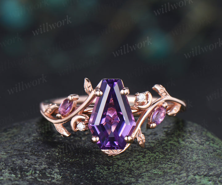 Coffin purple amethyst ring set marquise amethyst moissanite moon ring leaf band nature inspired bridal set