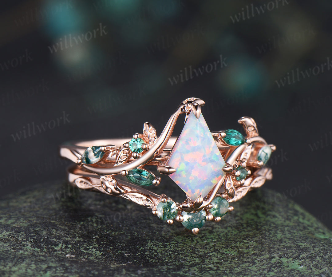 Vintage kite cut opal engagement ring set leaf twig emerald moss agate ring matching wedding band unique bridal set