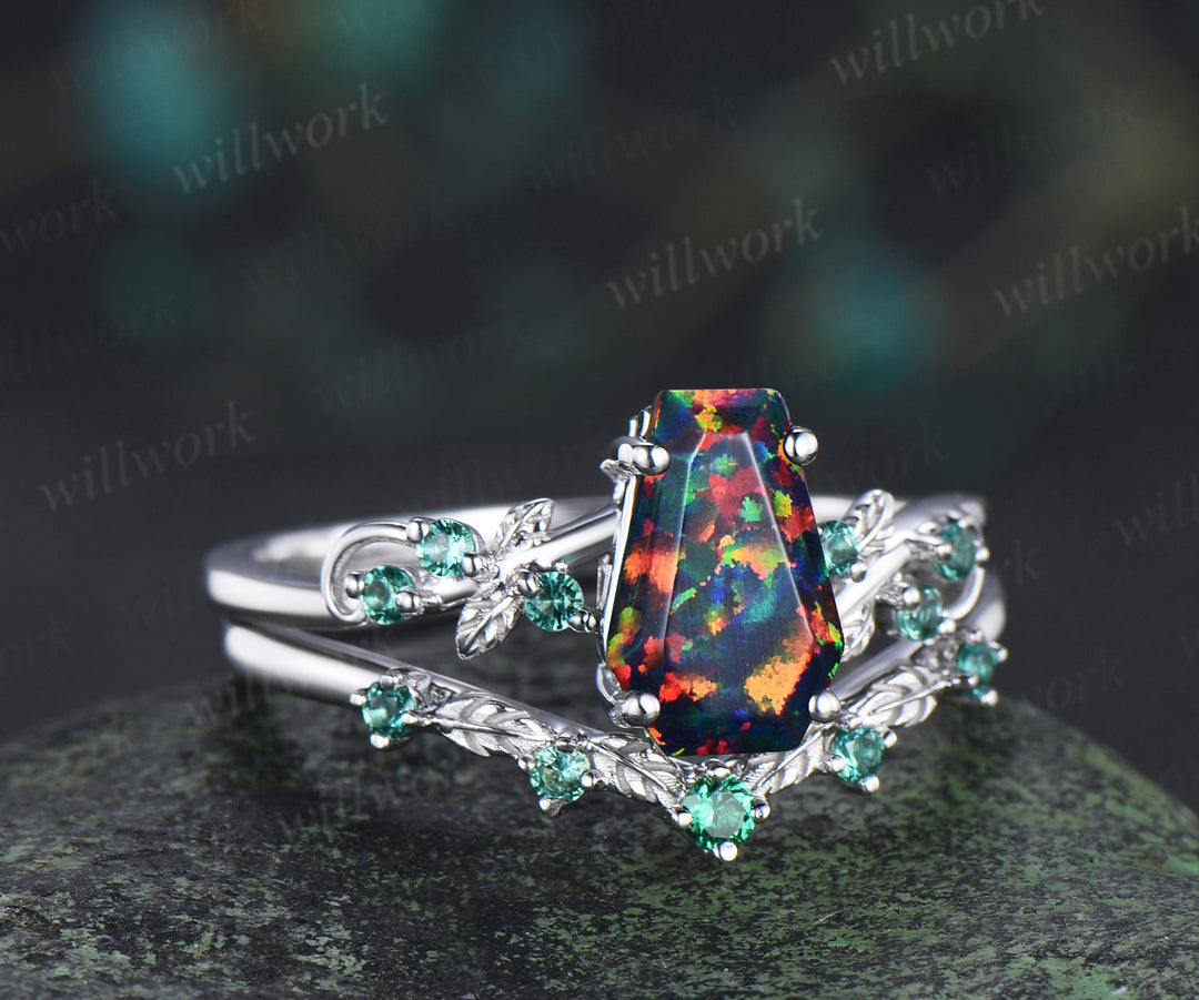 Unique coffin black fire opal engagement ring set leaf inspired emeralds accent ring wedding band nature inspired bridal set