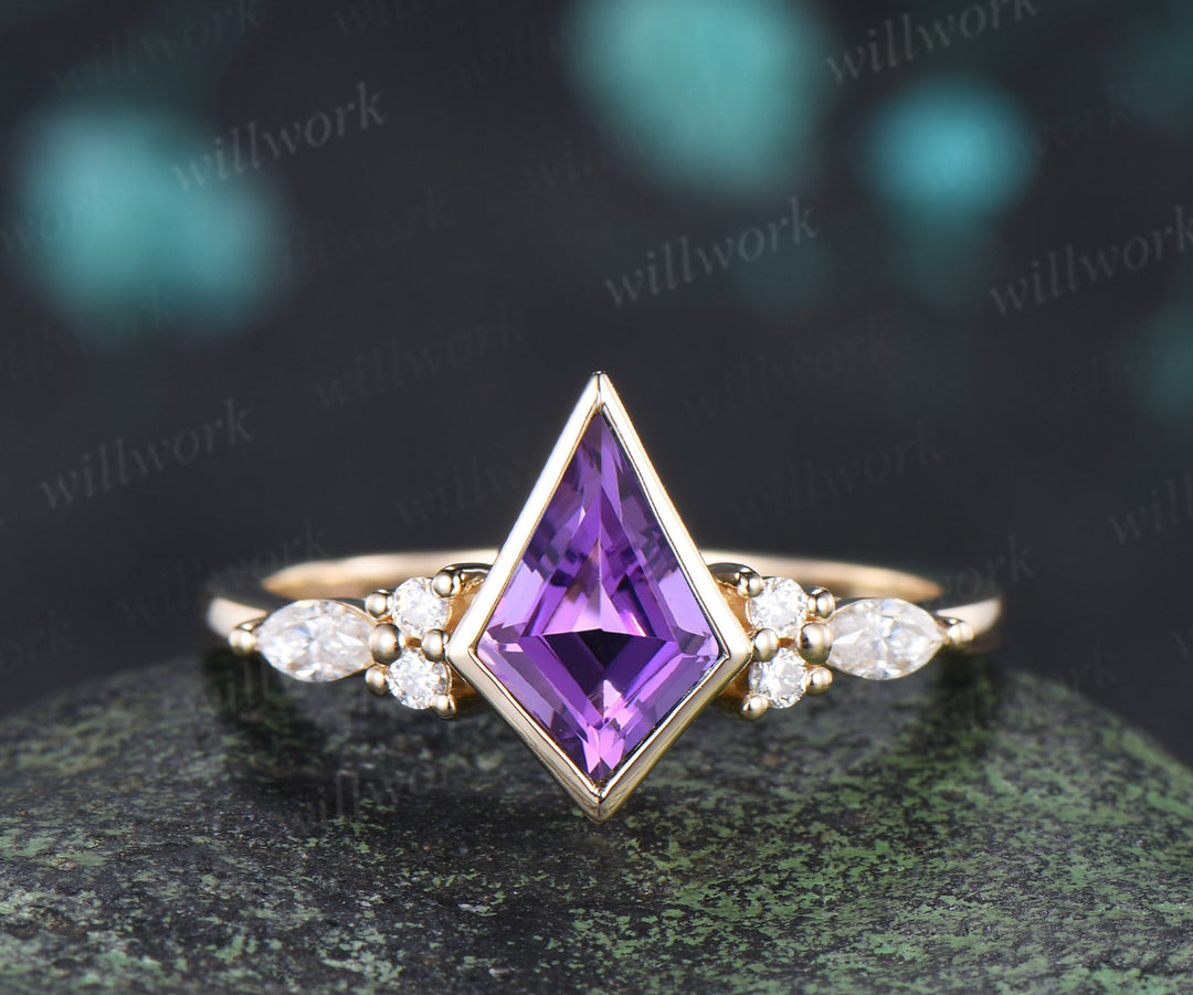 Kite cut amethyst engagement ring bezel setting seven stone ring leaf amethyst matching band bridal set