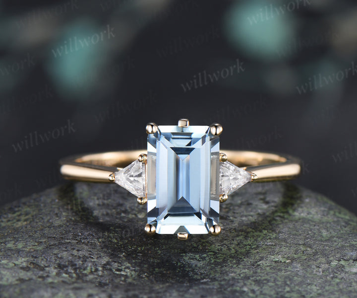 Emerald Cut Aquamarine Engagement Ring Minimalist 6 Prong Three Stone Trilliant Cut Moissanite Ring March Birthstone Jewelry Gifts