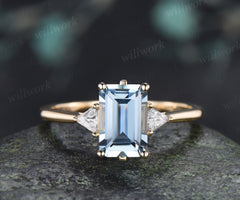 Emerald Cut Aquamarine Engagement Ring Minimalist 6 Prong Three Stone Trilliant Cut Moissanite Ring March Birthstone Jewelry Gifts
