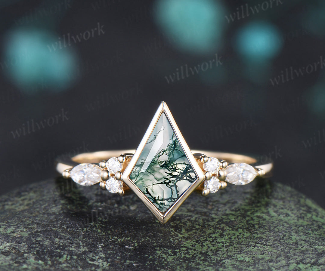 Kite cut moss agate engagement ring bezel setting seven stone ring leaf moissanite cluser matching band bridal set