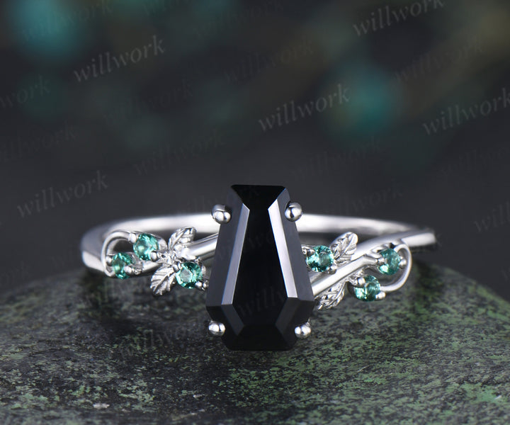Coffin cut natural black onyx engagement ring set leaf inspired emeralds accent ring wedding band unique bridal set