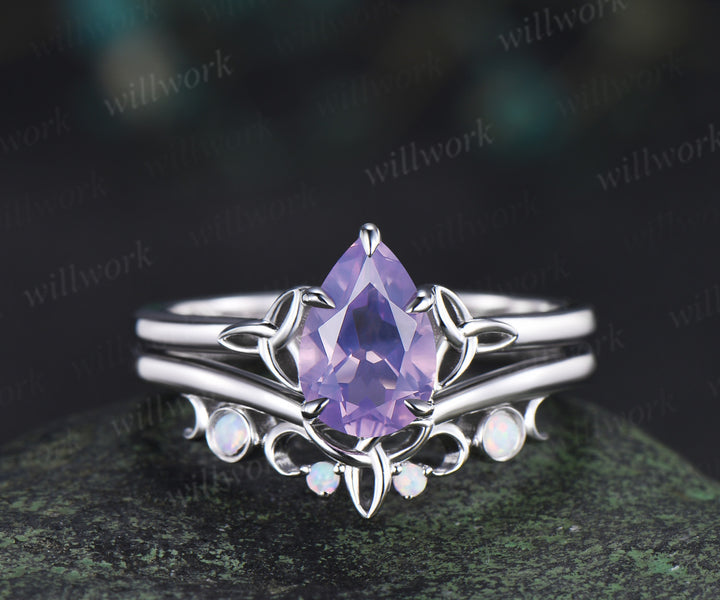 Unique pear lavender amethyst engagement ring set Celtic Knot Norse Viking ring band vintage moissanite wedding ring set