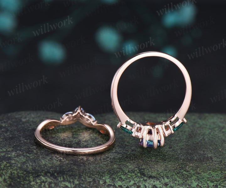 Kite cut Alexandrite engagement ring marquise cut emerald ring moostone opal wave wedding band unique wedding ring set