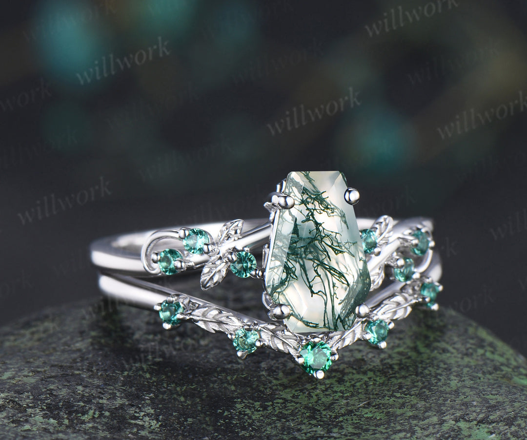 Unique coffin cut natural moss agate engagement ring set leaf inspired emeralds accent ring matching band bridal set