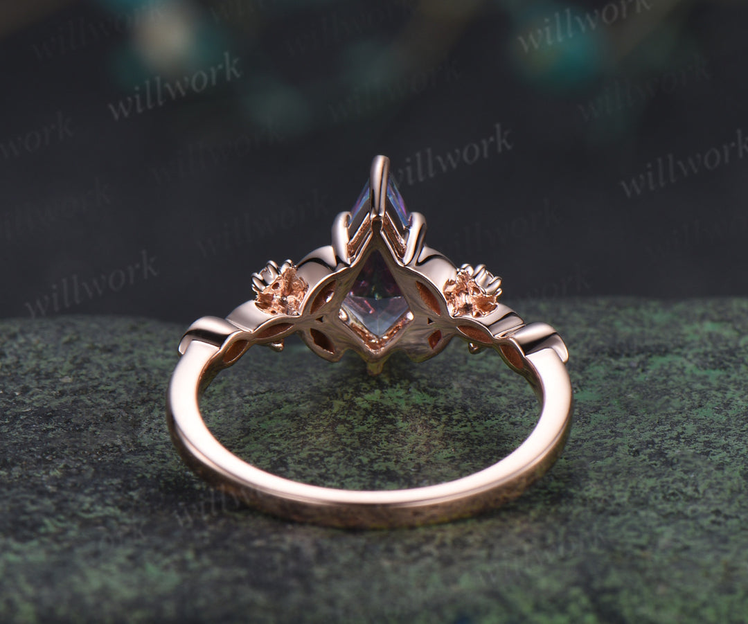Kite cut rainbow topaz floral ring emerald moissanite diamond engagement ring magical topaz proposal ring crystal jewelry