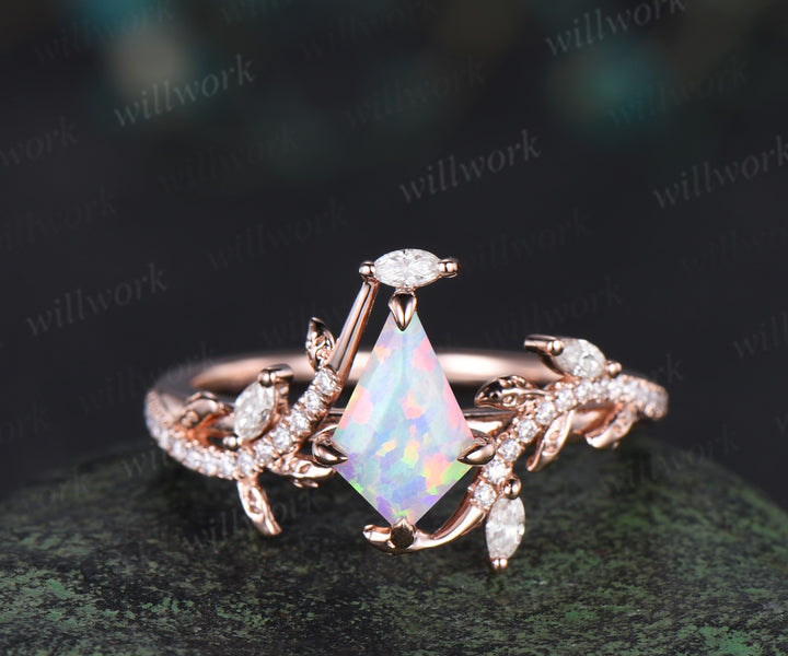 Kite cut opal ring vintage rose gold half eternity diamond branch leaf unique engagement ring for women retro anniversary gift
