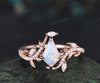 Kite cut opal ring vintage rose gold half eternity diamond branch leaf unique engagement ring for women retro anniversary gift