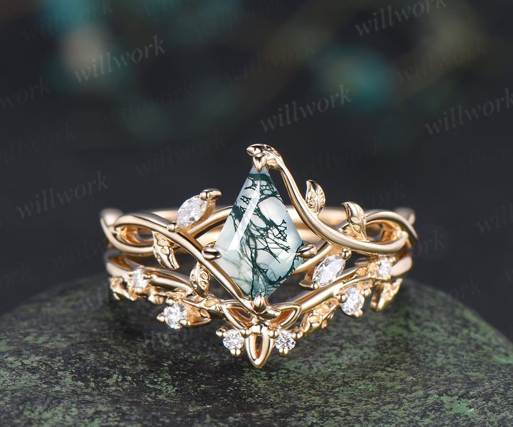 Kite cut natural moss agate infinity engagement ring set split shank moissanite leaf ring celtic knot wedding band bridal set