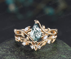 Kite cut natural moss agate infinity engagement ring set split shank moissanite leaf ring celtic knot wedding band bridal set