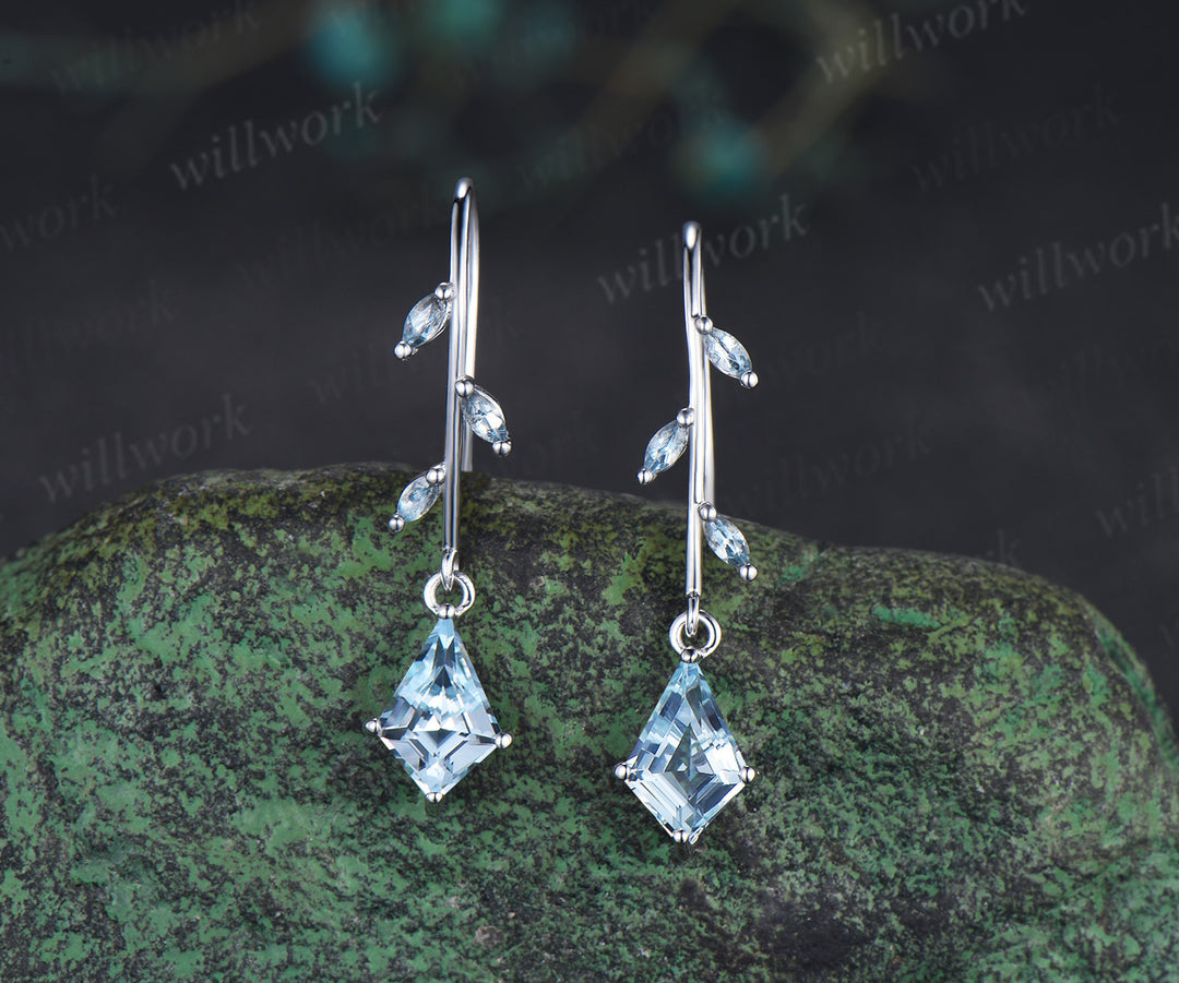 Kite cut natural aquamarine drop earrings leaf marquise aquarmaine dangle earrings for women