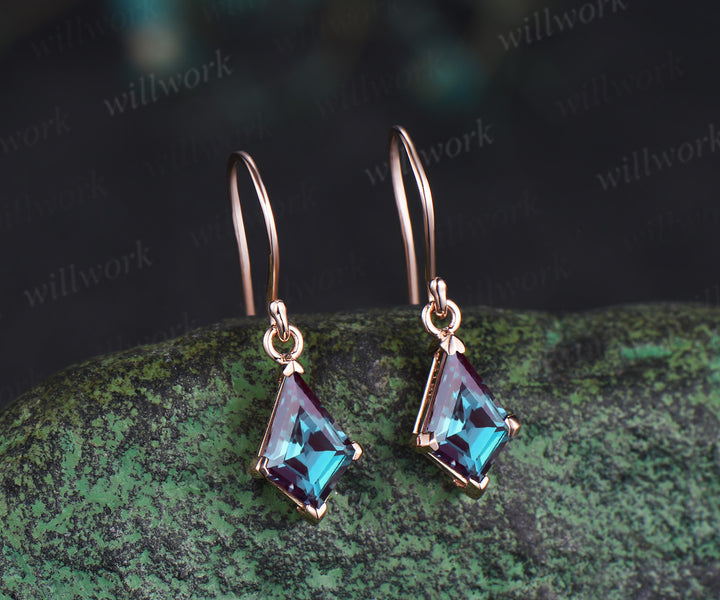 Kite cut alexandrite drop earrings solitaire minimalist earring hooks June birthstone jewelry gifts