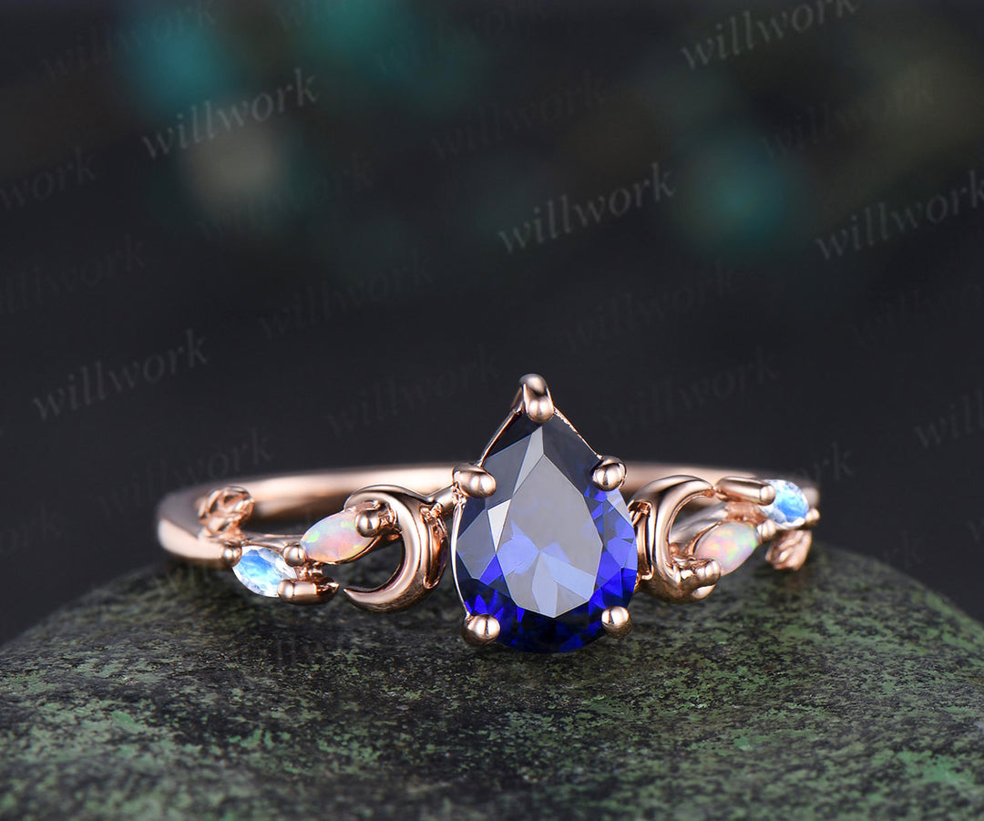 6x9mm pear cut blue sapphire engagement ring unique art deco moon leaf marquise opal moonstone promise ring jewelry gifts for women