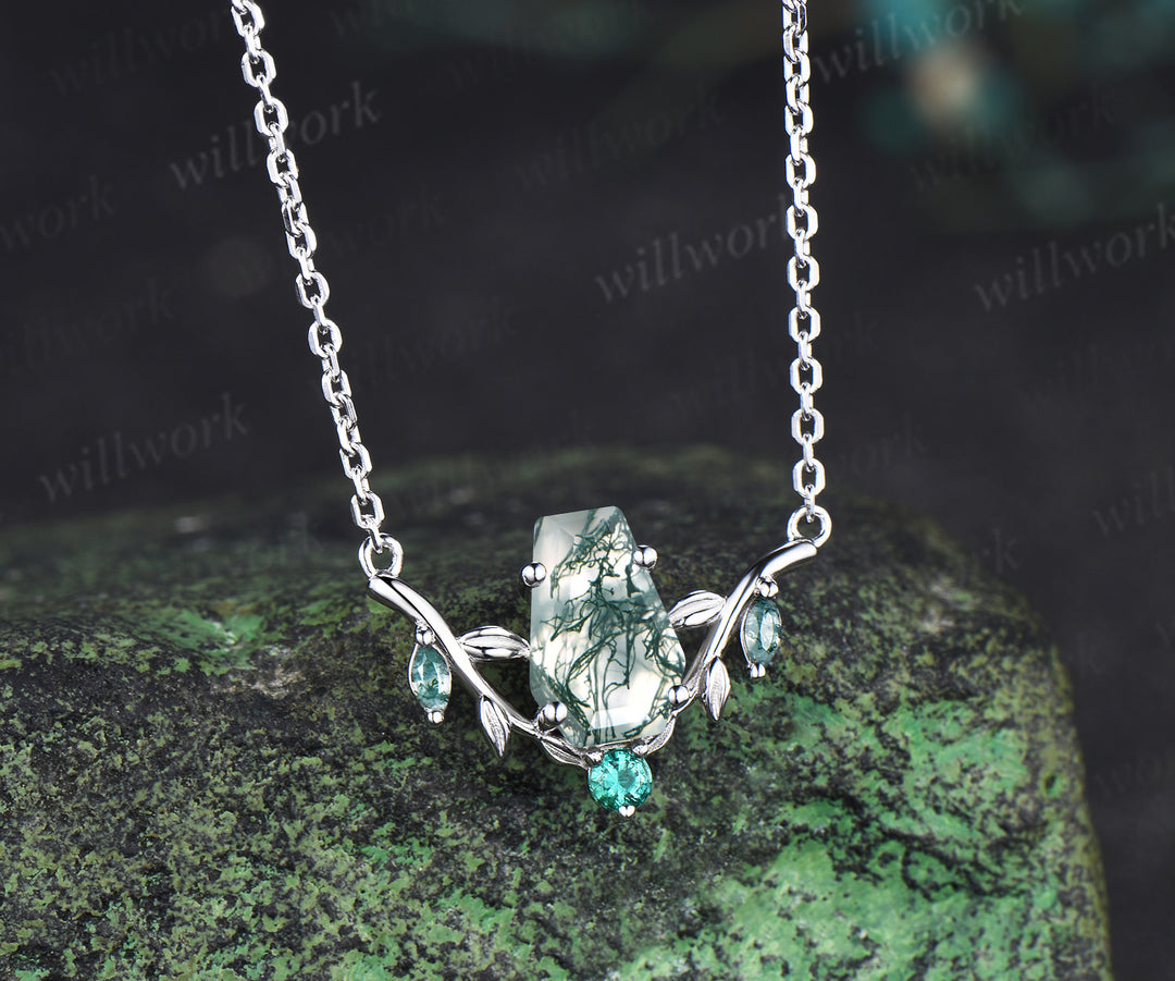 Unique coffin shaped natural moss agate necklace leaf twig nature inspired marquise moss agate emerald pendant necklace gifts