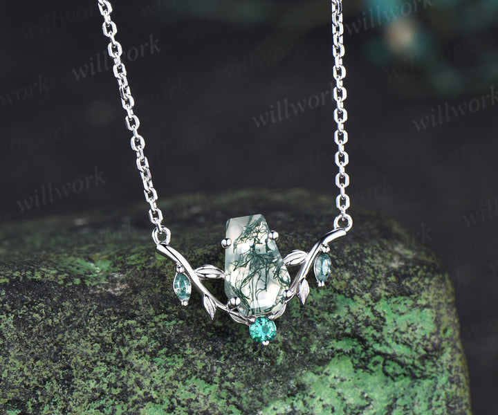 Unique coffin shaped natural moss agate necklace leaf twig nature inspired marquise moss agate emerald pendant necklace gifts