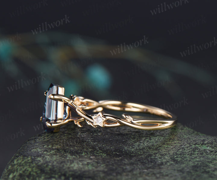 Coffin cut alexandrite engagement ring leaf infinity star accent diamond ring vine branch anniversary ring