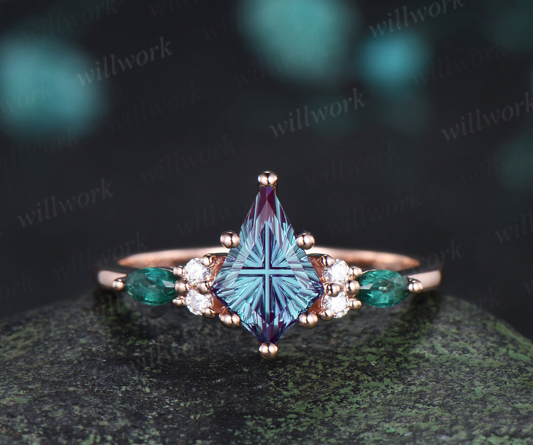 Kite Fantasy Cut Alexandrite Engagement Ring Marquise Emerald Ring  Moonstone Opal Band Unique Seven Stone Bridal Set