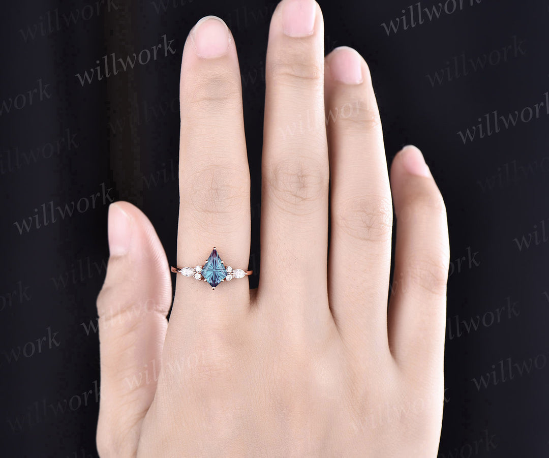 Kite Fantasy Cut Alexandrite Engagement Ring Set Moissanite Accent Seven Stone Promise Ring Curved Crown Wedding Band Unique Bridal Set